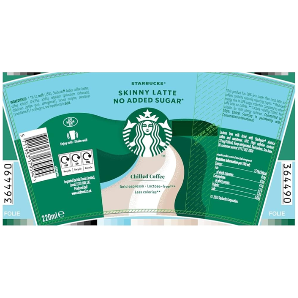 Starbucks Skinny Latte No Added Sugar Carton Drinks 10 x 220ml
